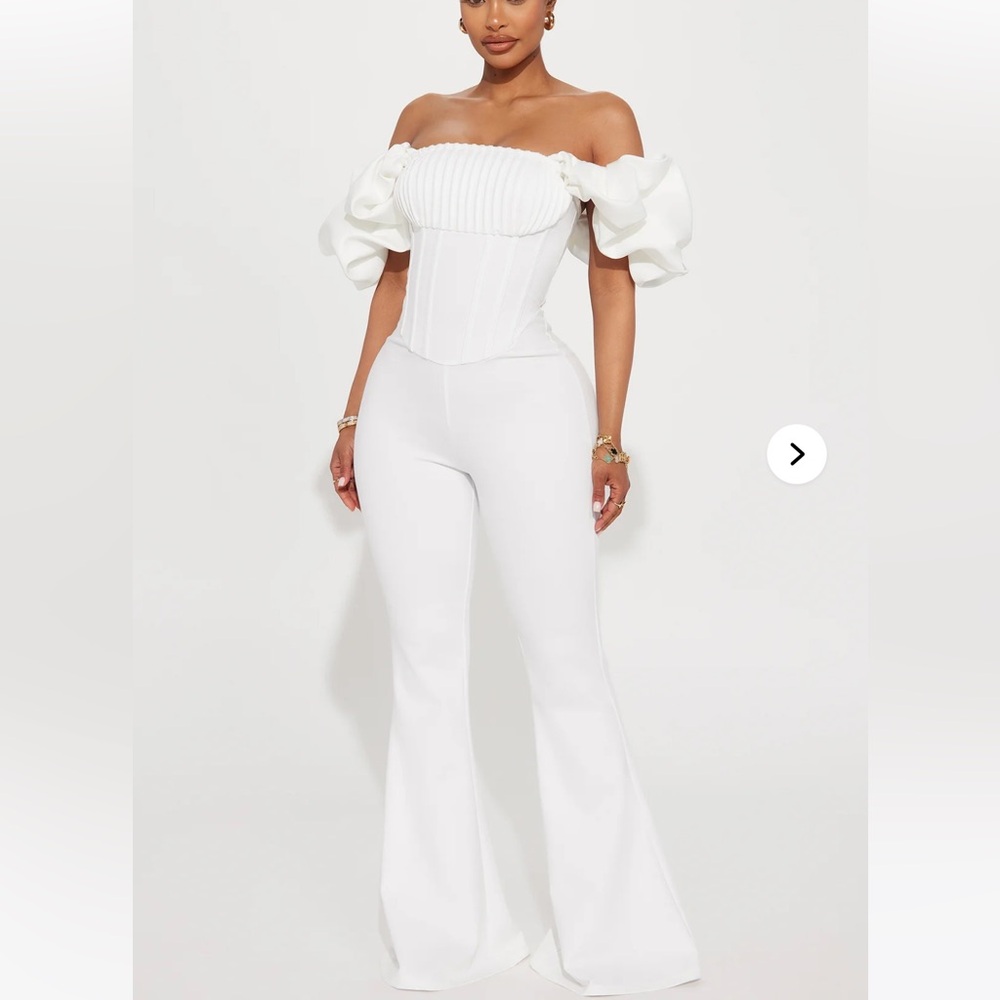 Fashion Nova Off-Shoulder White Flare Jumpsuit
